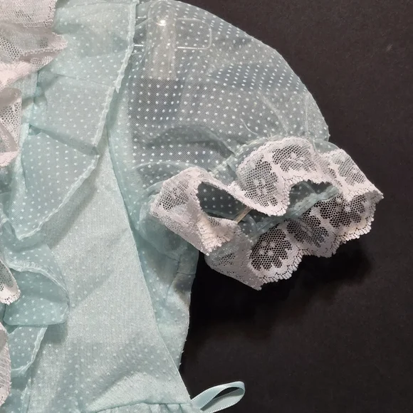 Vtg Mini World Baby Girl Dress Suiss Dot Sheer Ruffle Lace Lt Blue USA